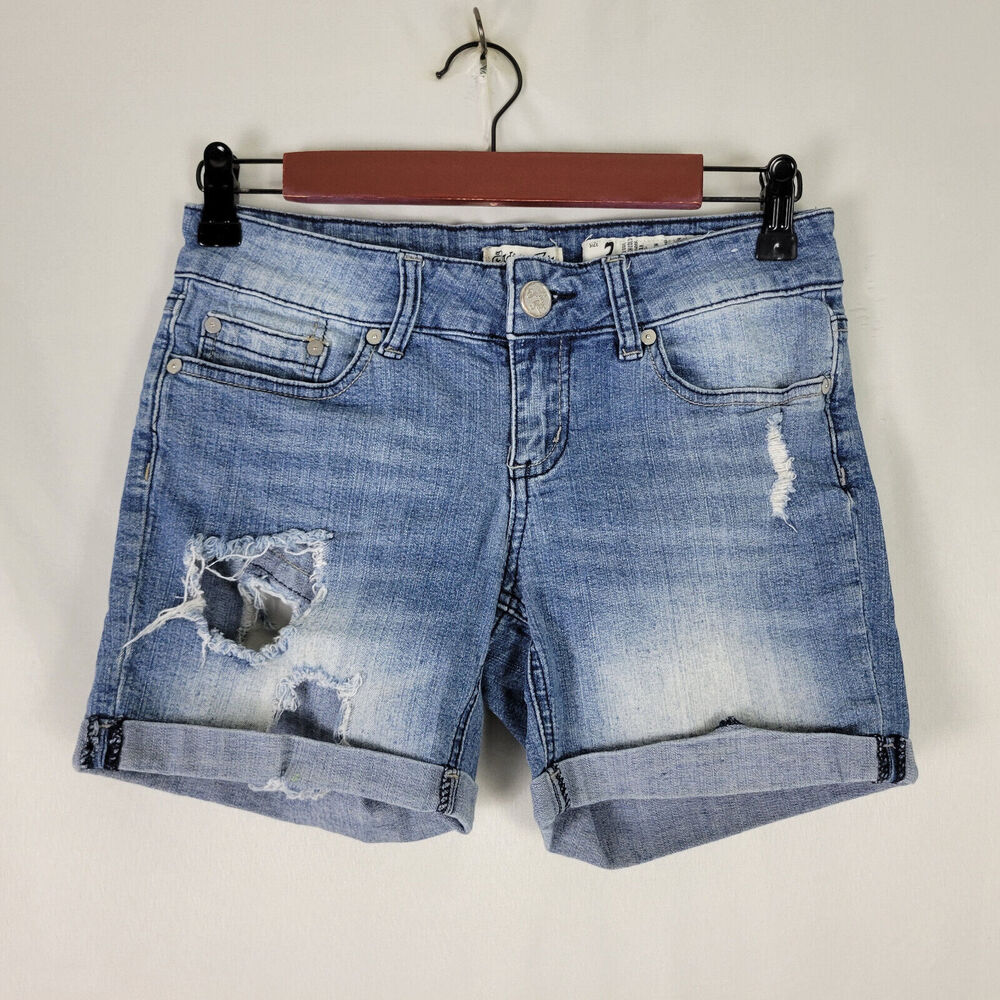 Indigo Rein Denim Shorts Juniors 3 Blue Jean Low‎ Rise Womens Distressed Cuffed
